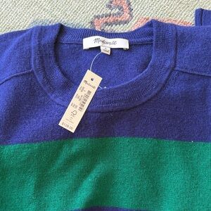 Madewell Blue and Green Striped Crewneck Sweater